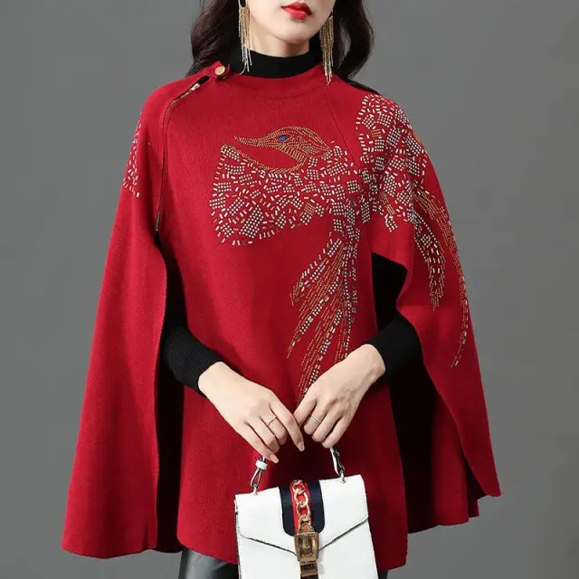 Women's Fashion Shawl Thickened Pullover Sweater Cloak Wine Red - Shop at LoveMi