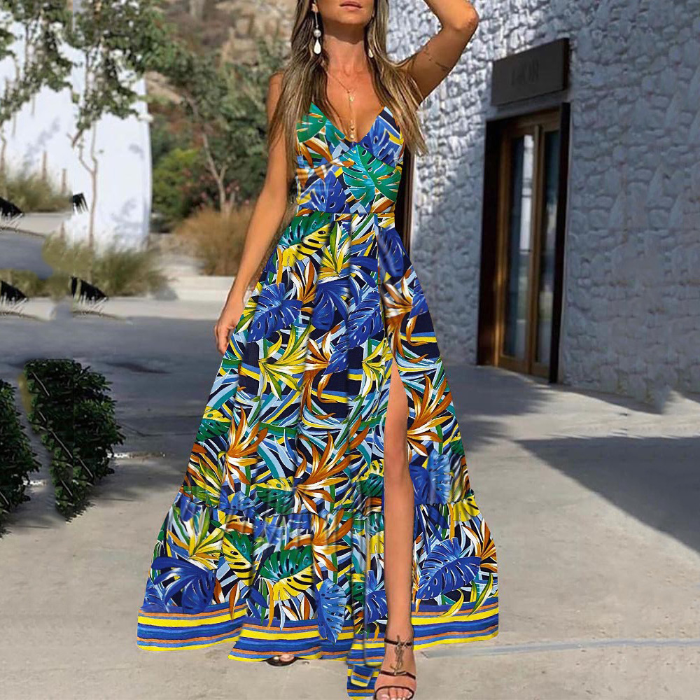 Spring and summer sling print waist dress