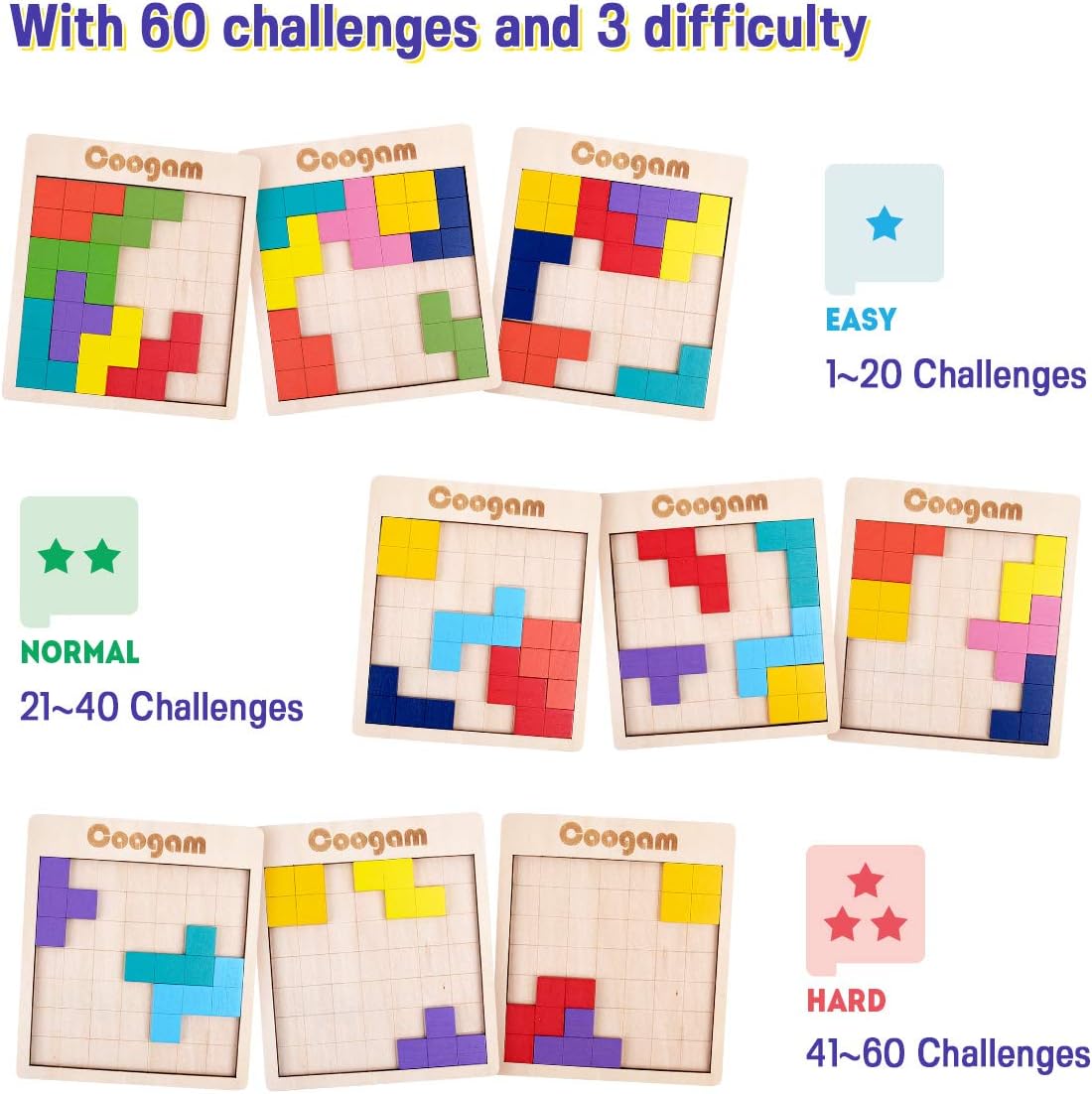 Wooden Pattern Blocks Puzzle With 60 Challenges, 3D Tangram Brain Teaser Game For Kids And Adults, STEM Learning Toy 4