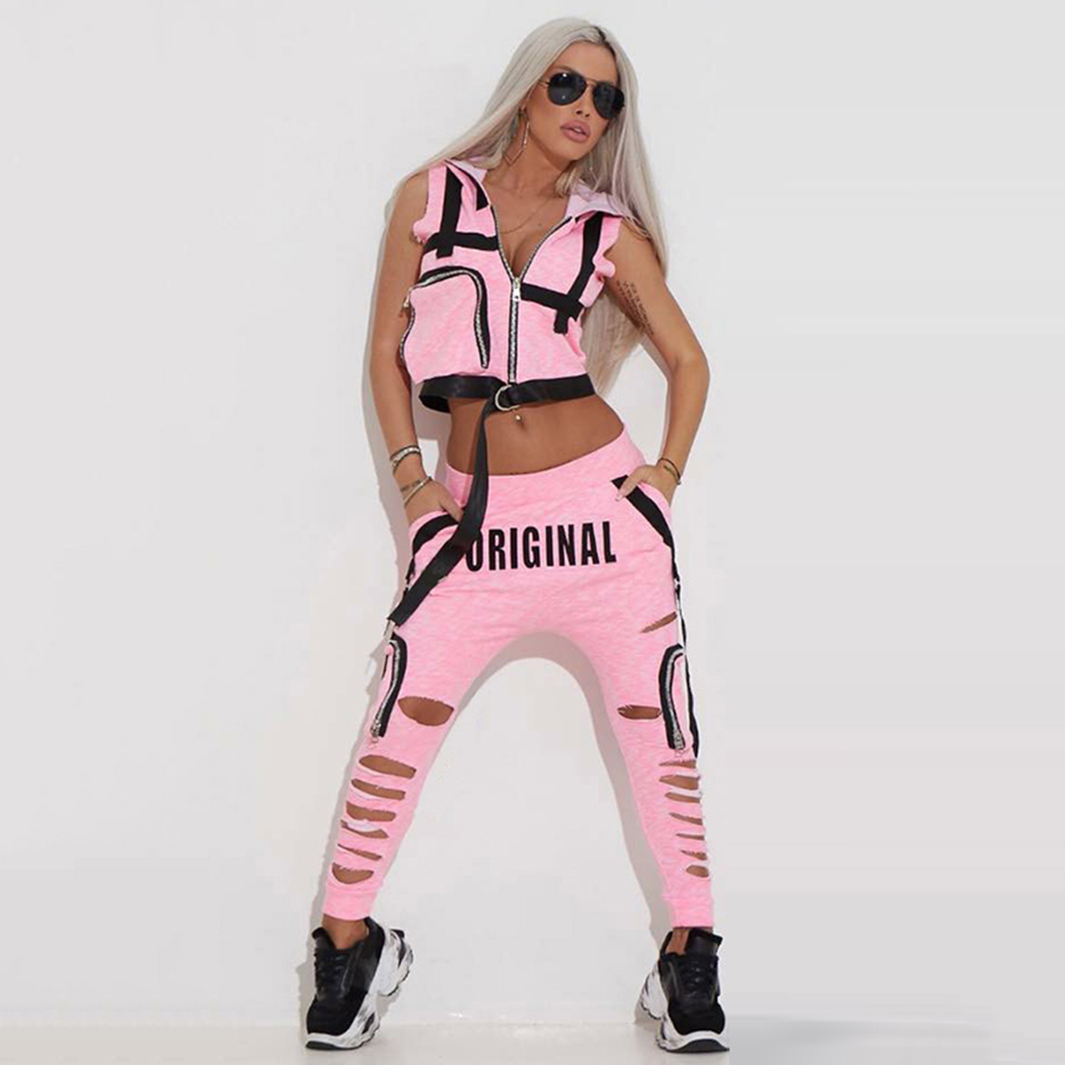 Fashion Hooded Zipper Tank Top Perforated Trouser Set Pink - Shop at LoveMi