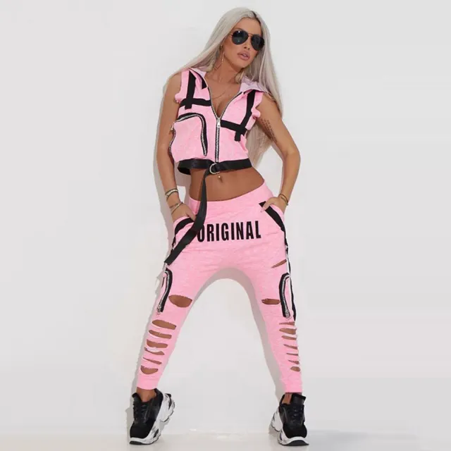 Fashion Hooded Zipper Tank Top Perforated Trouser Set Pink - Shop at LoveMi