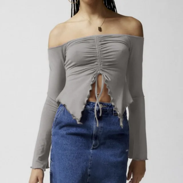Two wear Top Wooden Ear Edge Horn Sleeve Sexy Off the shoulder Long Sleeve T shirt Woman Gray - Shop at LoveMi