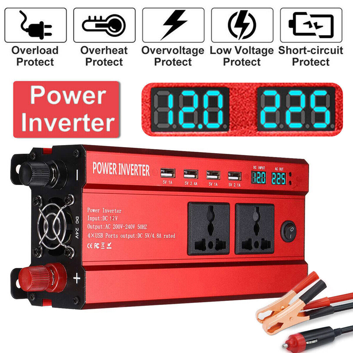 6000W Car Power Inverter Converter DC 12V To AC 240V 4 USB 2 UK Socket Sine Wave 6