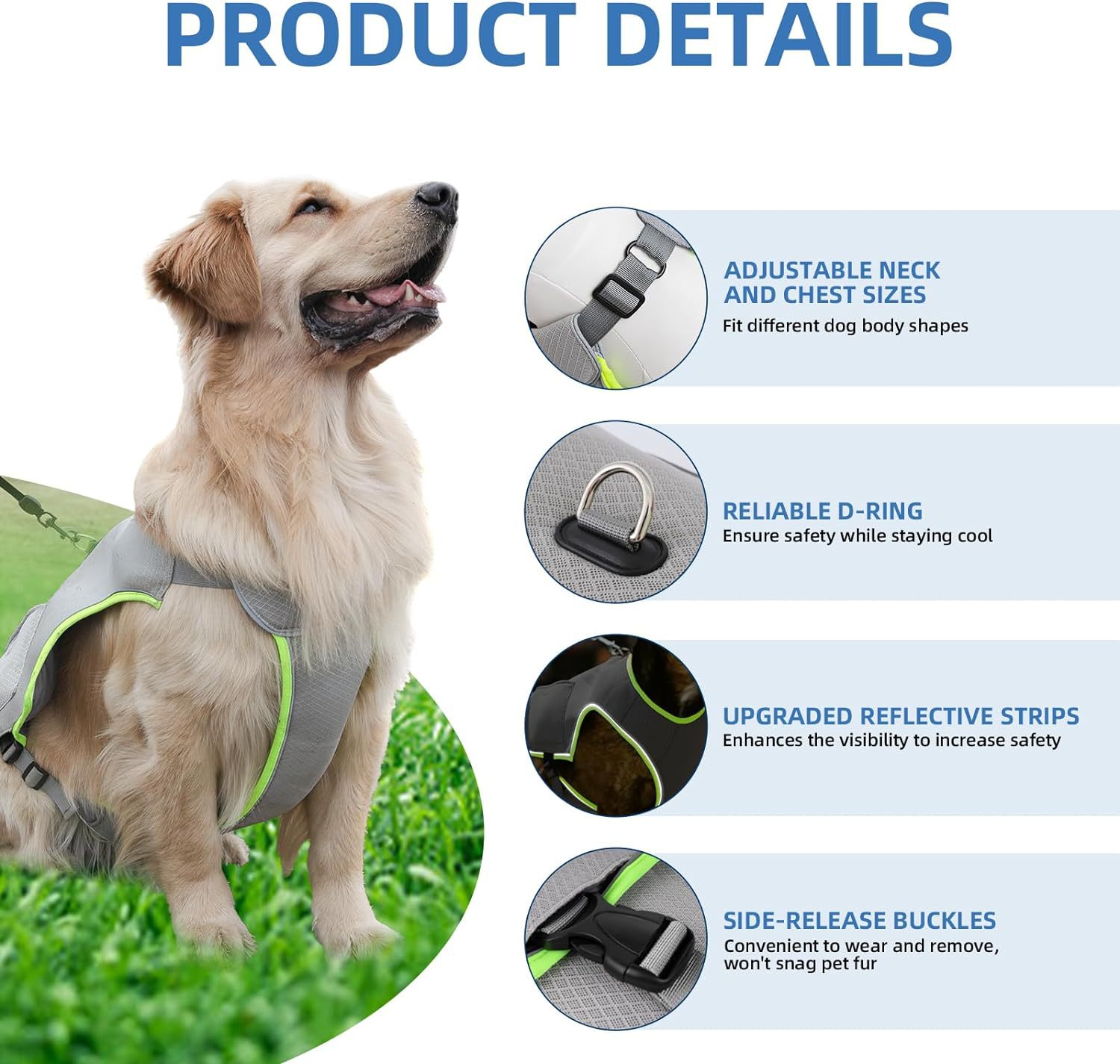 Dog Cooling Vest With Ice Packs, Reflective Adjustable Cooling Vest For Dogs With Leash Ring For Hot Weather Cooling Harness For Large Medium Dogs Grey view 2