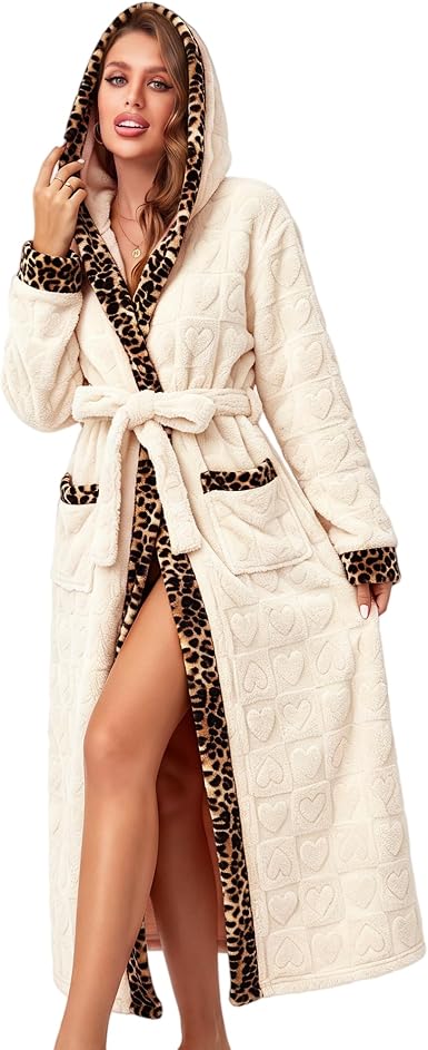 RONGTAI Women's Coral Fleece Long Robe Bathrobe, Jacquard