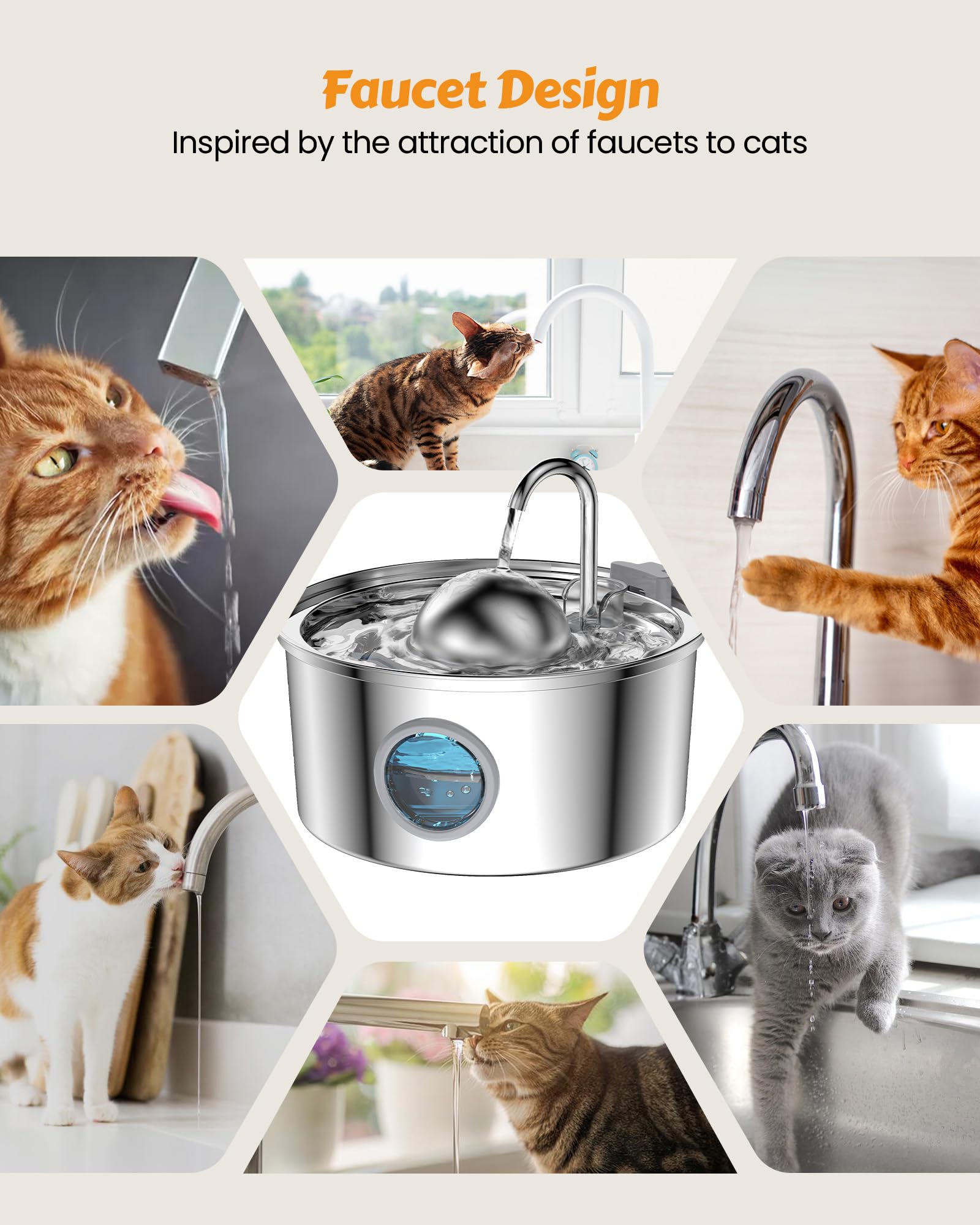 At Water Fountain Stainless Steel, 108oz 3.2L Cat Fountain, Pet Water Fountain With Water Level Window, Hemispherical Shape, Multi-Filter, Silent Pump, Water Tap, Provides Flowing Water thumbnail 7