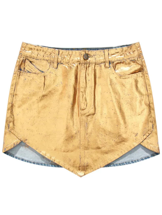 Gold Denim Skirt Painted Low Waist Gold - Shop at LoveMi