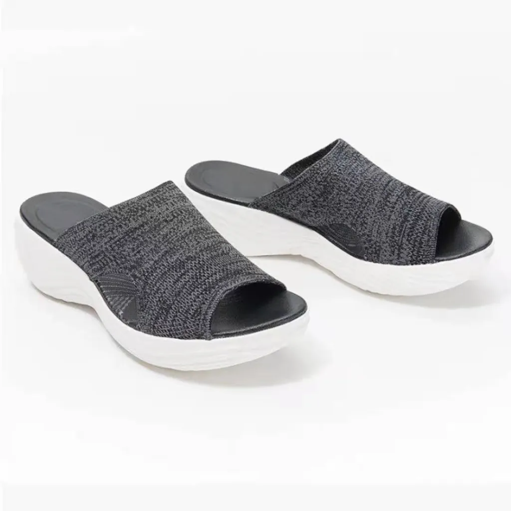 Women's Casual Fly Woven Upper Lightweight Platform Sandals And Slippers - Grey