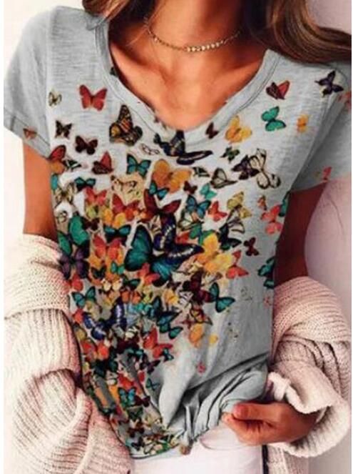 Butterfly Print V-Neck Short-Sleeved Ladies T-Shirt Top