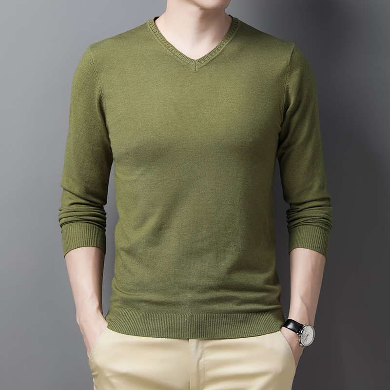 Spring Men's V-Neck Knitted Wool Bottoming Sweater