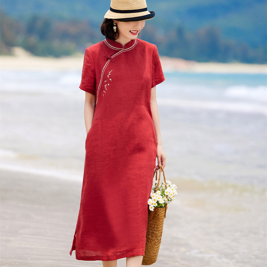 Cheongsam Summer New Ramie Embroidered Cheongsam Dress Short Sleeve Vintage… — image 1