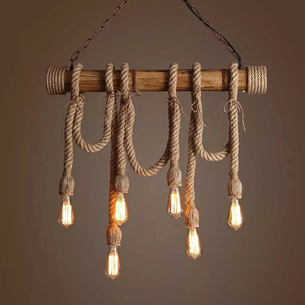 6 Heads Hemp Rope Pendant Lights Vintage Rustic Ceiling Light Including Bulbs — image 9