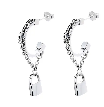 Vintage Style Thai Silver Small Lock Earrings Chain C-shaped Earrings