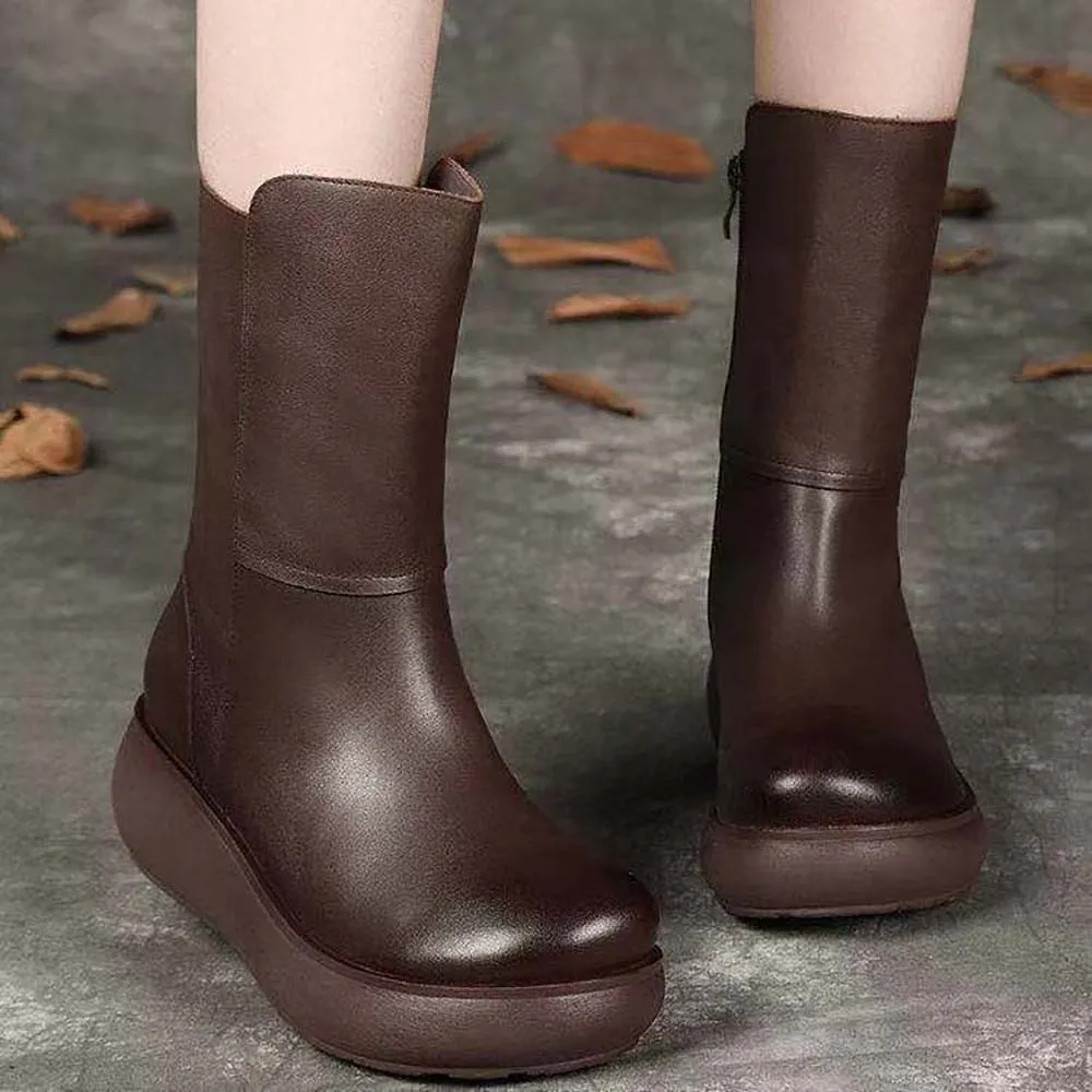 New Retro Women's Heightened Thick-soled Ankle Boots - Brown