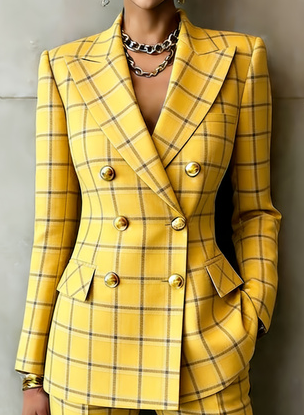 Retro Geometric Double-breasted Suit Jacket For Women, Long-sleeved, Slim Fit, Suitable For Commuting.