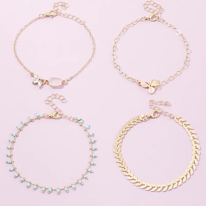 Women's Fashion Alloy Leaf Love Rice Bead Bracelet Set