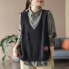 Vest Women Knitted Vest Women V-Neck Loose - Navy - View 1