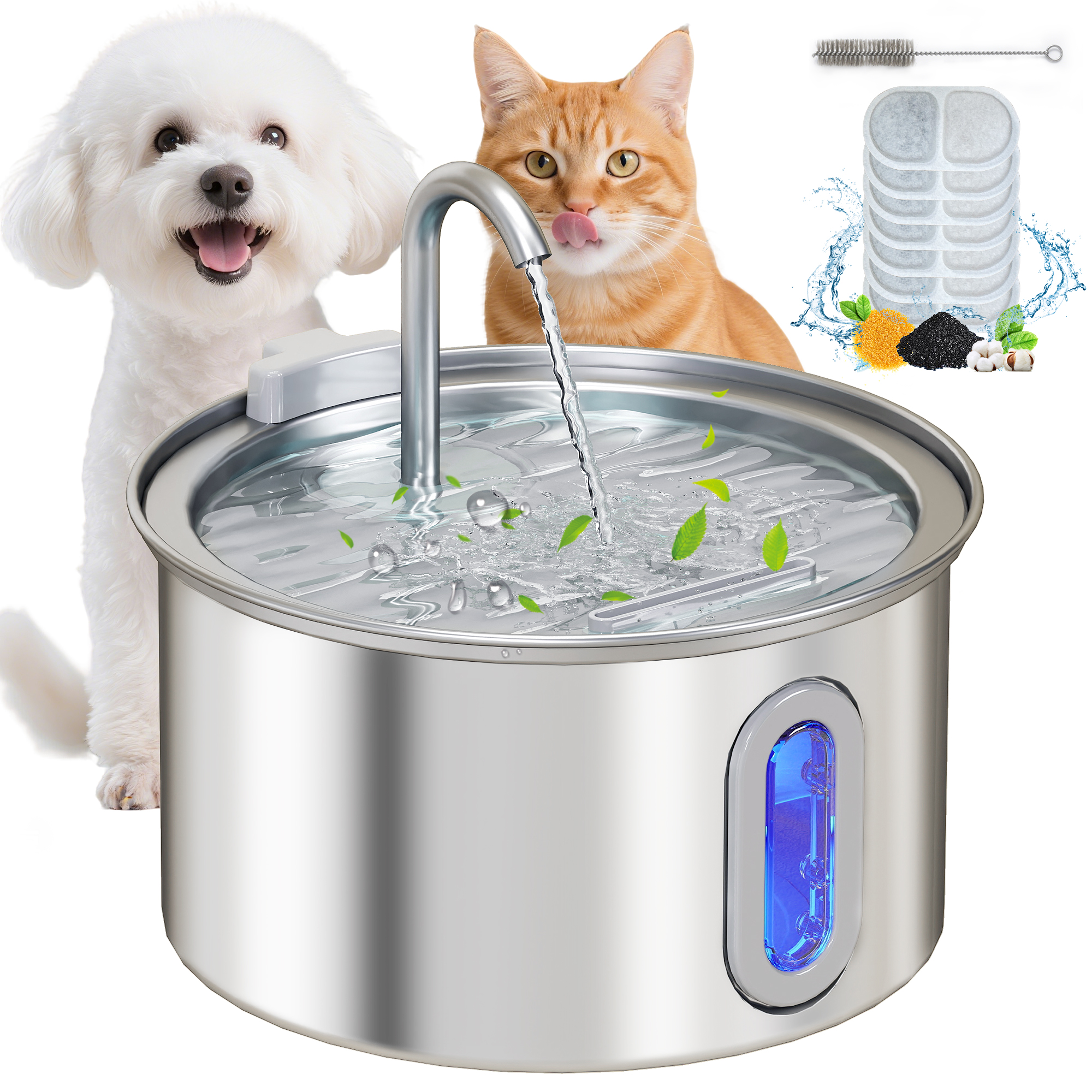 2.5L Stainless Steel Cat Water Fountain With Ultra Quiet Pump Water Level Window And 7 Filters