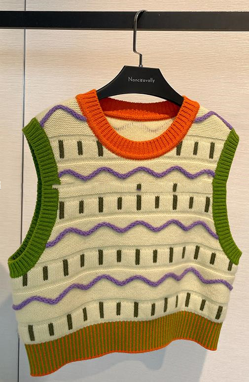 Australian Wool Stacking Little Expert Retro Color Knitting Round Neck Vest