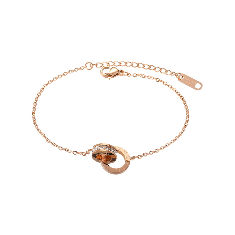 Titanium Steel Unfading Rose Gold Double Ring Bracelet With Roman Numerals