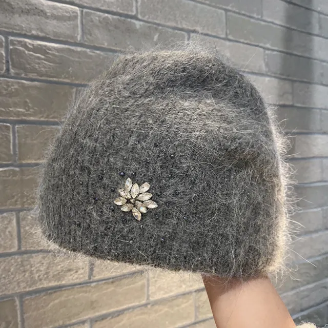 Women's Rabbit Hair Knitted Hat Thickened Warm Rhinestone Flowers Dark Grey - Shop at LoveMi