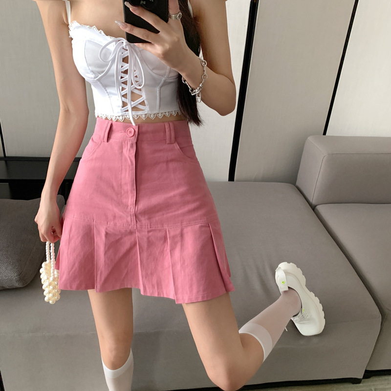 Half-length Skirt High Waist Slim Slimming Pleated Denim A-line Skirt