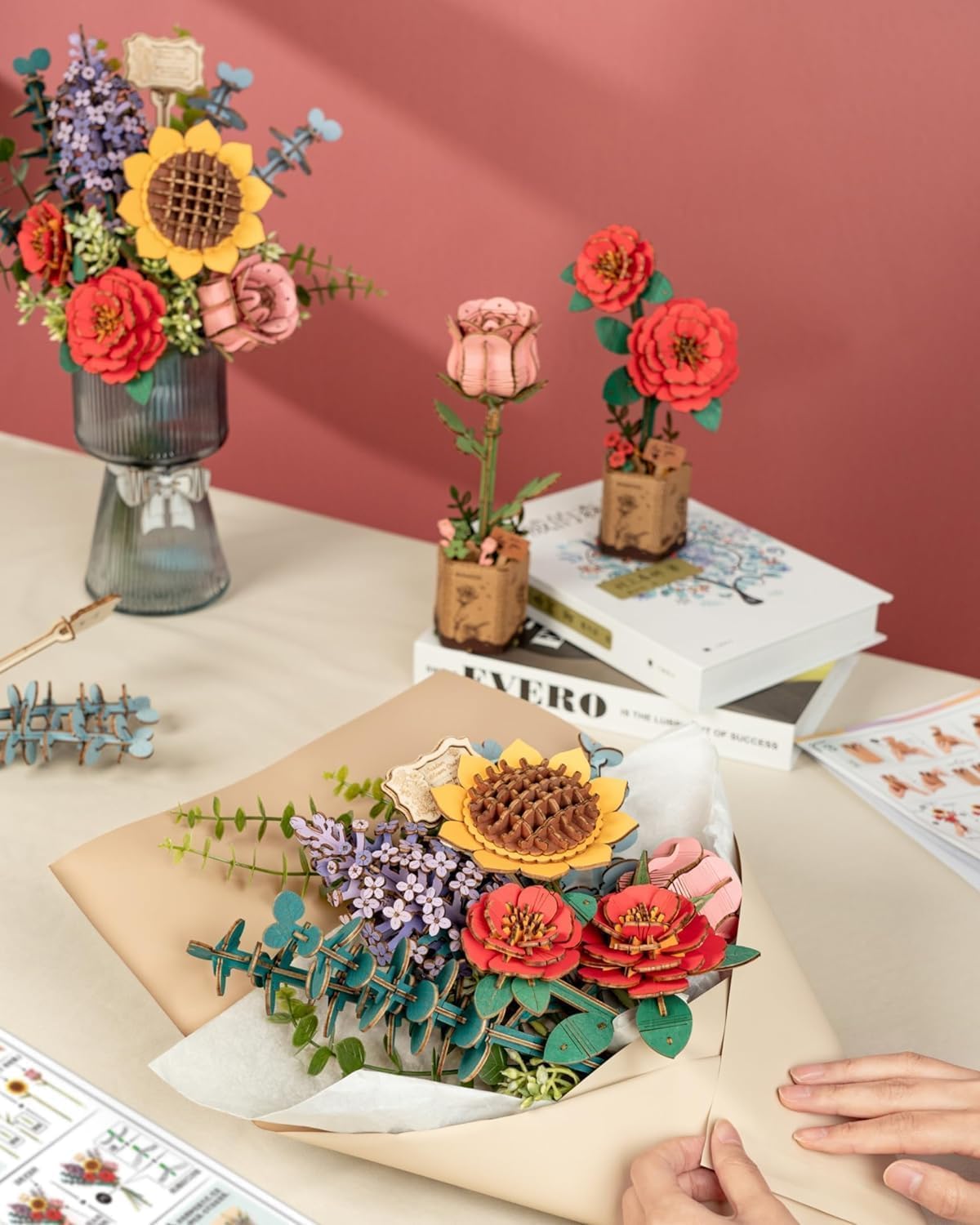 ROBOTIME Flowers 3D Wooden Puzzle Model Kits For Adults To Build, Artificial Flowers For Decoration, Home Decor Accessories Living Room, Gifts For Women On Valentine's Day, Flower Bouquet TW01H