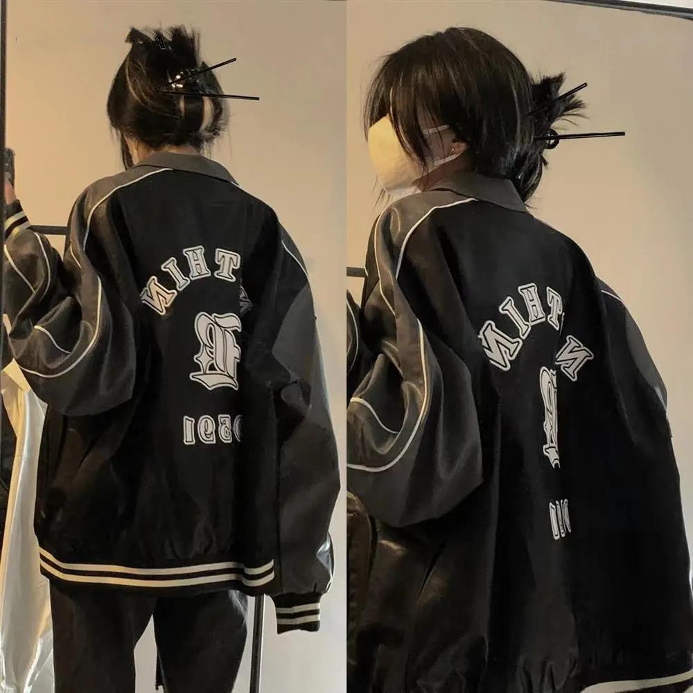 Leather Jacket Couple Embroidered Colorblock Loose Street — image 1