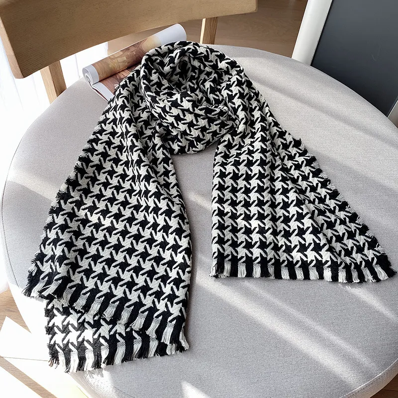 Women's Fashion Vintage Houndstooth Warm Scarf - Black