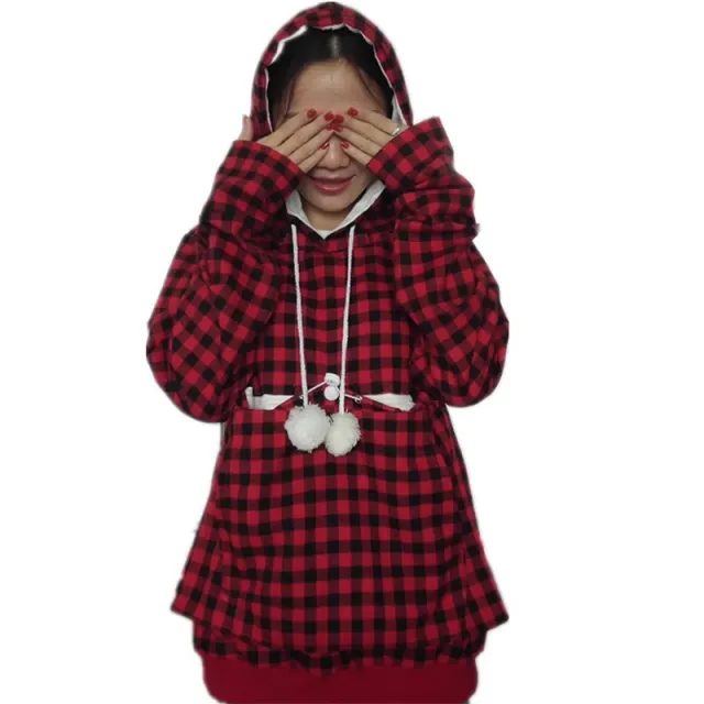 Women's Alien Cat Dogs And Cats Kangaroo Size Pocket Long Sleeve Plaid Sweater Red Plaid - Shop at LoveMi
