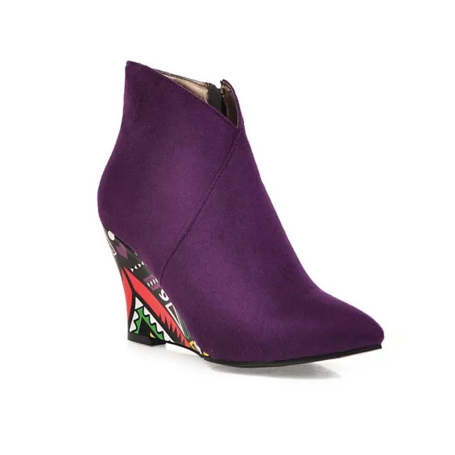 Winter Pointed Toe Wedge Heel Side Zip Floral Ankle Boots Purple - Shop at LoveMi