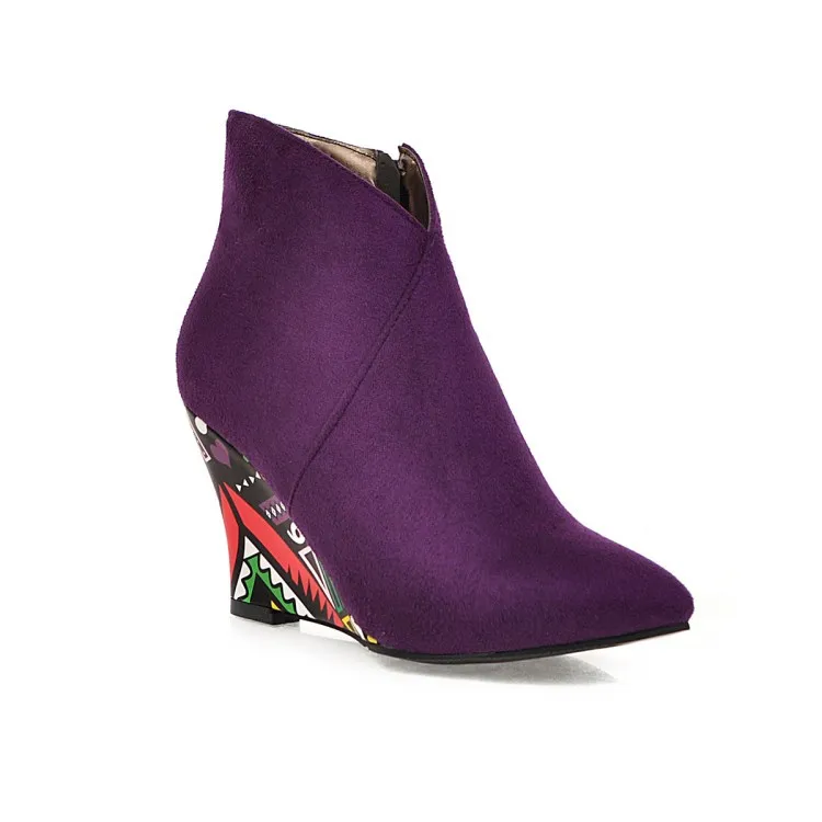 Winter Pointed Toe Wedge Heel Side Zip Floral Ankle Boots - Purple
