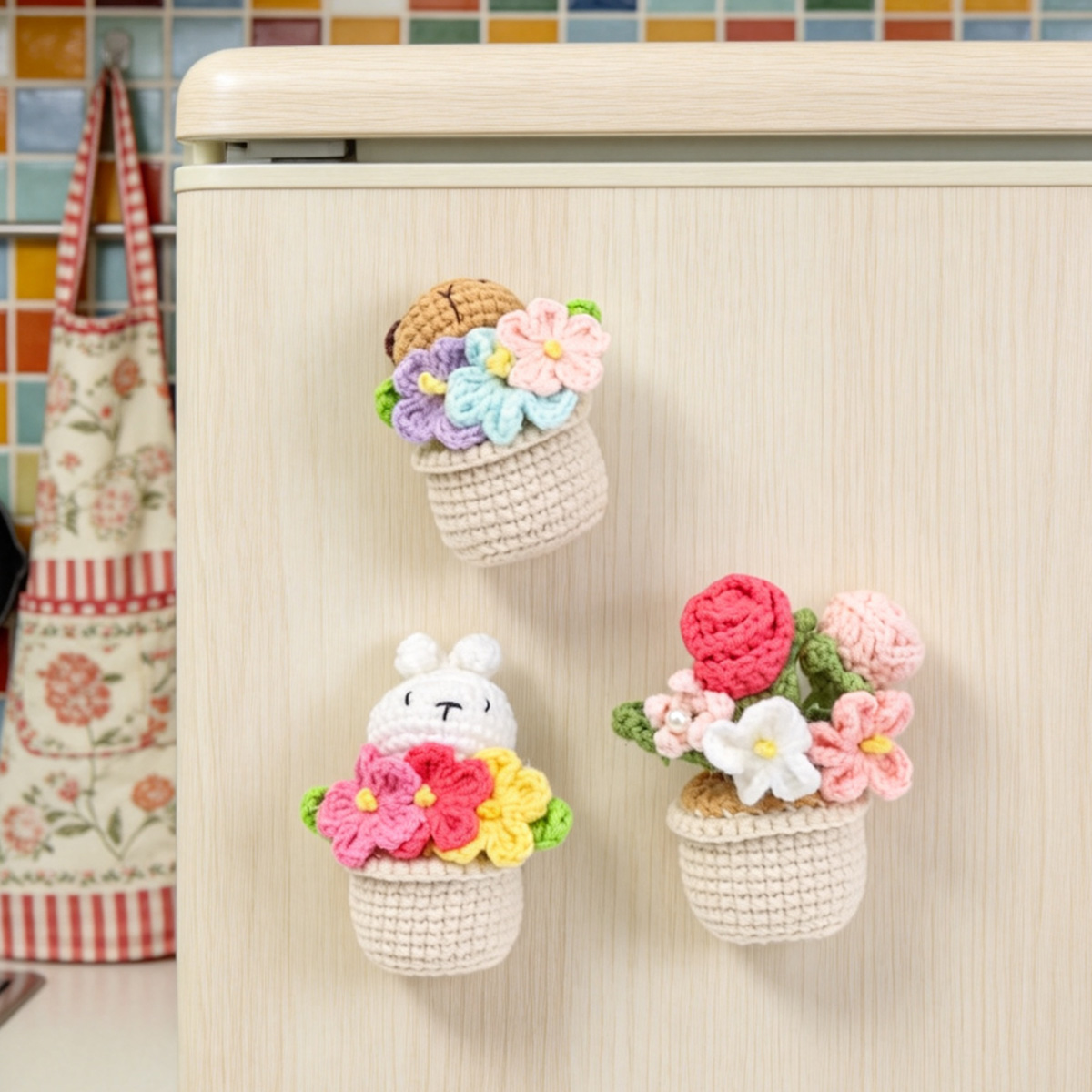 Handmade Crochet Potted Doll Planter Three Piece Set With Lovely Little Animal Colorful Blossoms Soft Yarn Everlasting Crochet Decor Indoor Home Magnetic Decora