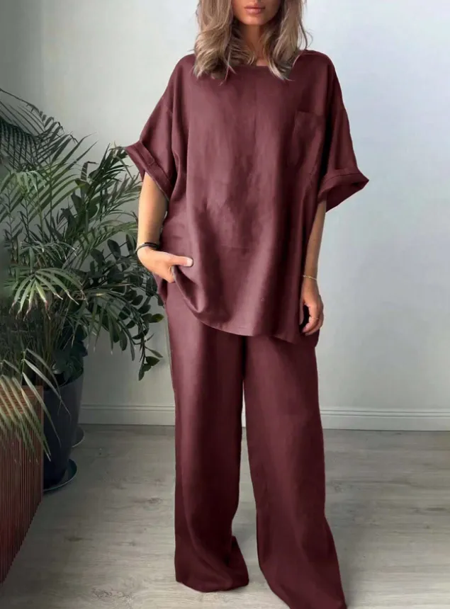 Women Solid Color Crew Neck Short Sleeve Top And Long Pants Casual Outfit Burgundy - Shop at LoveMi