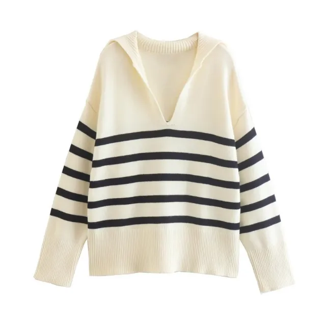 V shaped Lapel Striped Pullover Sweater - Shop at LoveMi