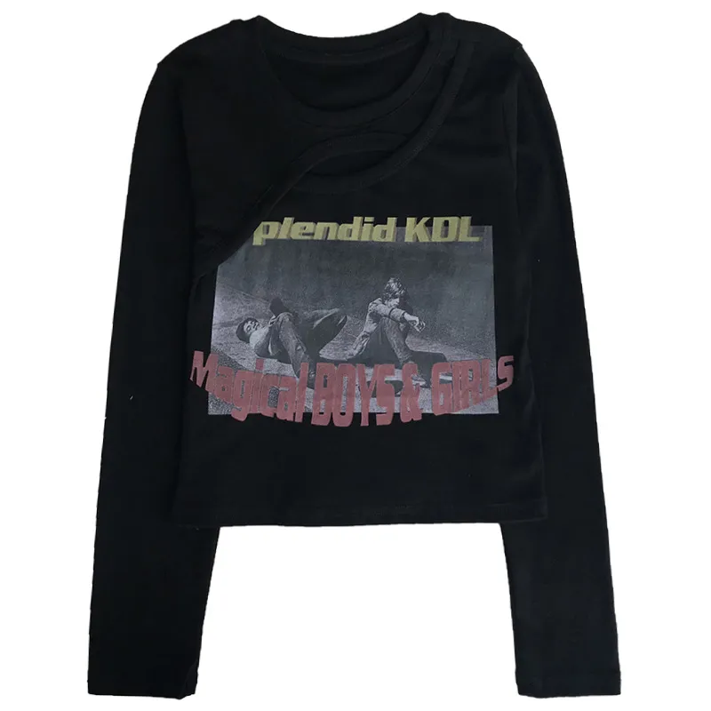 Irregular Cutout Print Crew Neck Slim Fit Short Long Sleeves - Black Long Sleeve