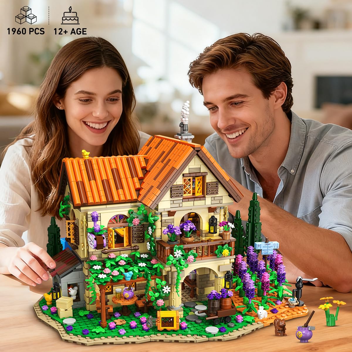 Lavender Manor House Building Set With Lights, 1960 PCS Lavender Estate Construction Model Home Decor, Romantic Lavender Flowers Cottage Building Block Kit Gift For Adults Teens Boys Girls — foto 6