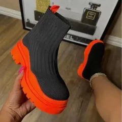 Fashion Sock Boots Platform Chunky Heels Shoes Women - Orange - View 1