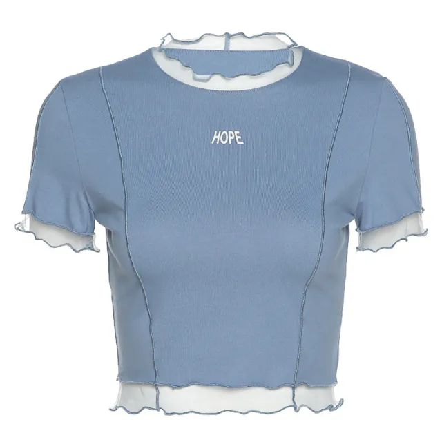 Fashion Letter Print Round Neck Wooden Ears Navel Exposed T Shirt Women Blue - Shop at LoveMi