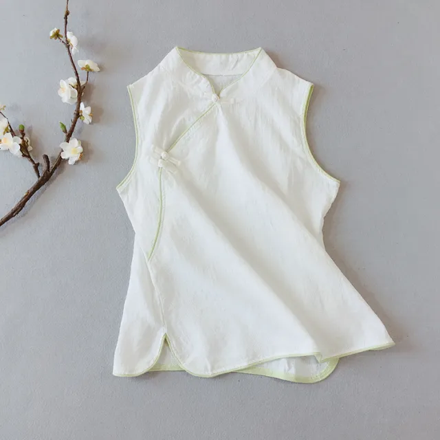 Women's Retro Buttoned Cotton And Linen Top White - Shop at LoveMi