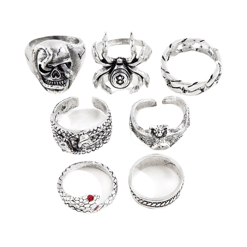 Personalized Vintage Spider Snake Bat Skull Double-headed Snake Ring Set Of 7