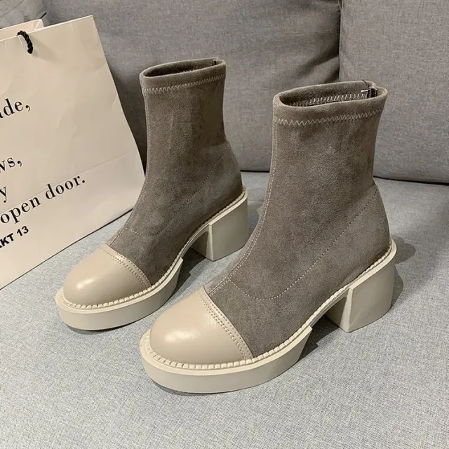 Women Short Boots With Thick Heel Stitching Khaki - Shop at LoveMi