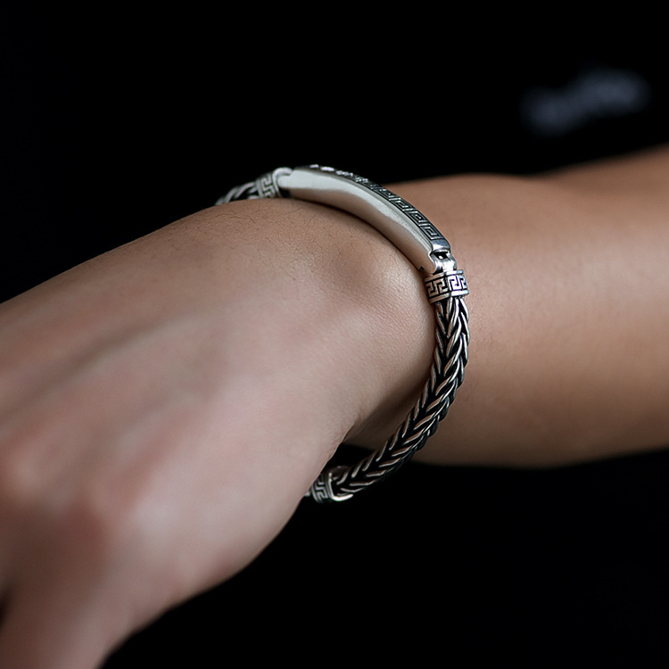 S925 Sterling Silver Six Character True Word Echo Pattern Xiangyun Handwoven Men's Bracelet