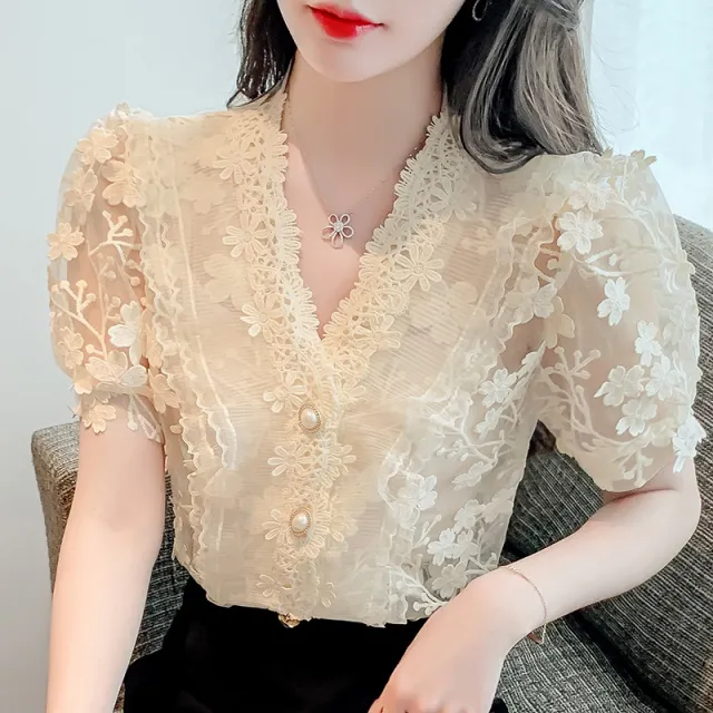 Lace Shirt Three dimensional Flower V Neck Puff Sleeve Apricot - Shop at LoveMi