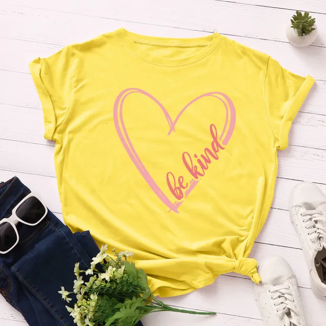 European And American Women's Loose Round Neck Heart shaped Love Short sleeved T shirt Yellow - Shop at LoveMi
