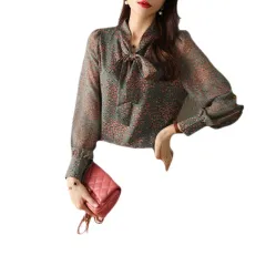 Printed Shirt Women's Stand-up Collar Lace-up Chiffon Long-sleeved Top - Suit And Colour - View 1