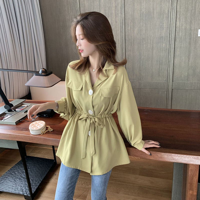 Female Korean Mid-length Lace-up Long-sleeved Chiffon Shirt Design Niche T-shirt Top