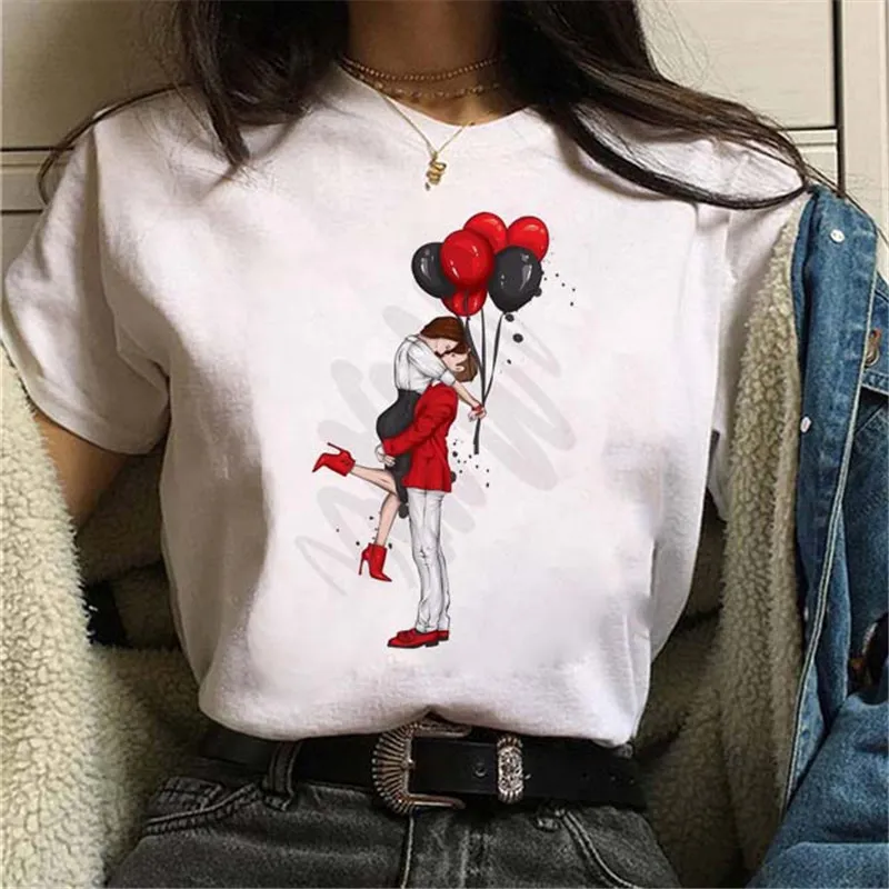 Balloon Print Women Black Tshirt - White