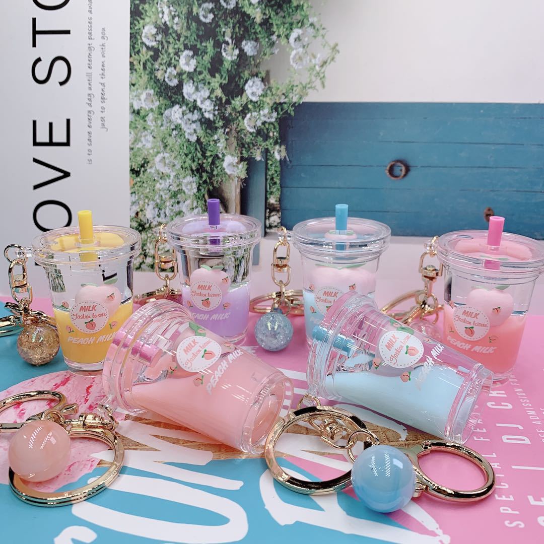 Peach Into Oil Floating Keychain Girl Heart Quicksand Milk Tea Cup Car Bag Pendant