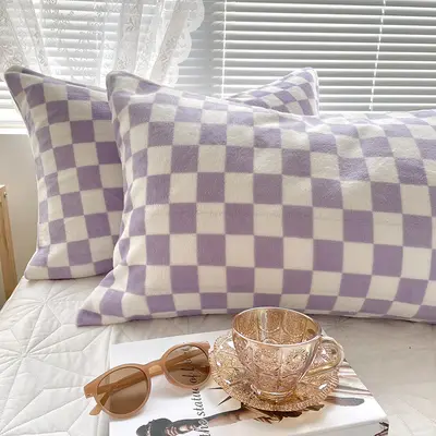 Milk Coral Fleece Pillowcase Pair Of Plaid Flannel